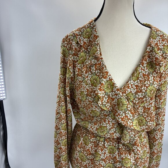 Max Studio Womens M Brown Floral Ruffle V Neck Long Sleeve Peplum Blouse - Picture 2 of 6